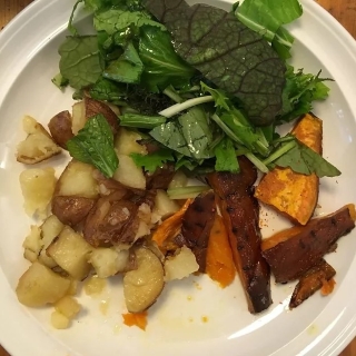 Lazy Potato Bake with Oriental Leaves and Sweet Potatoes