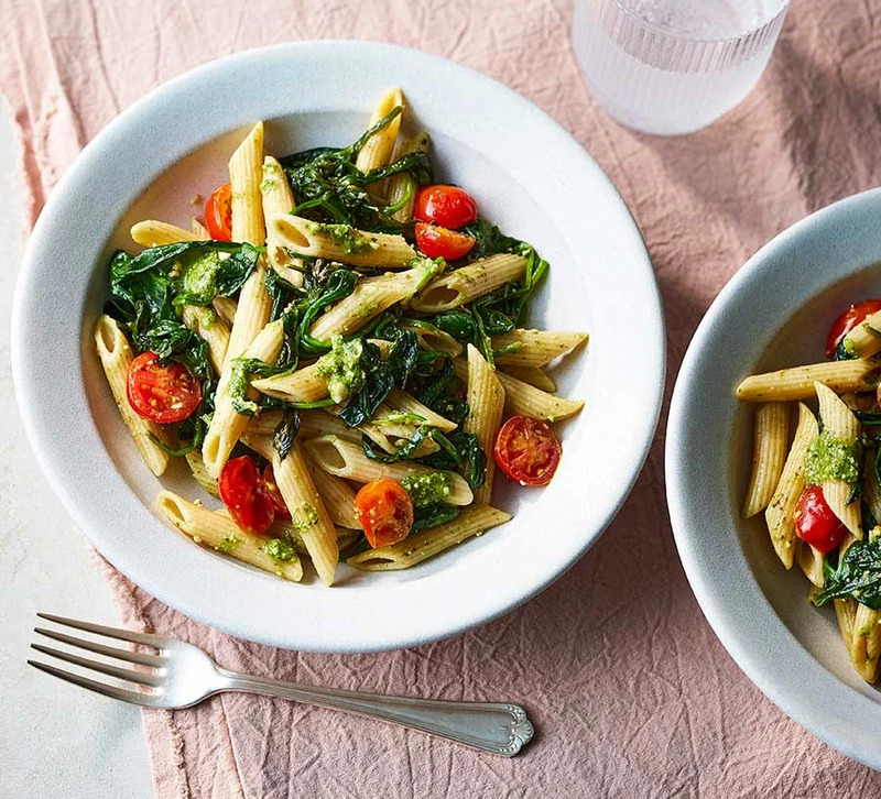 Pesto Spinach Penne with Toasted Walnuts